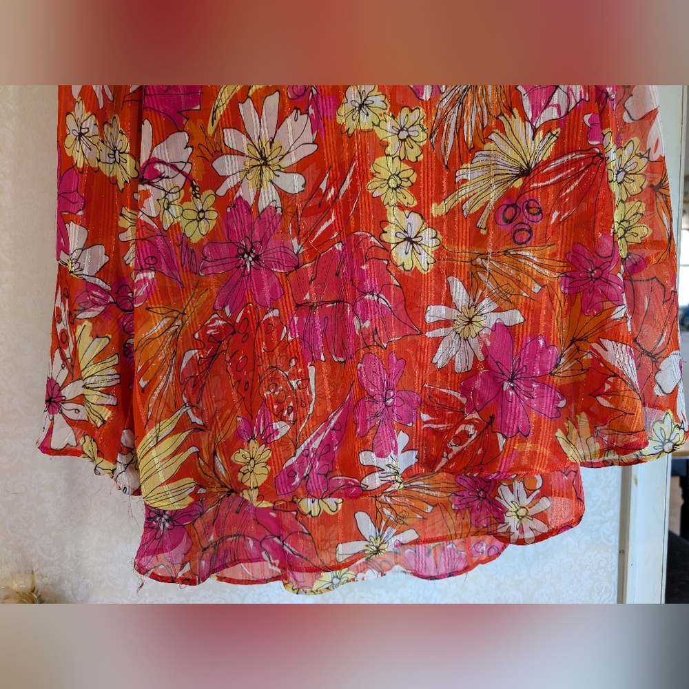 Sara Michelle Top Sz. Large Bright Orange Floral - Picture 5 of 16
